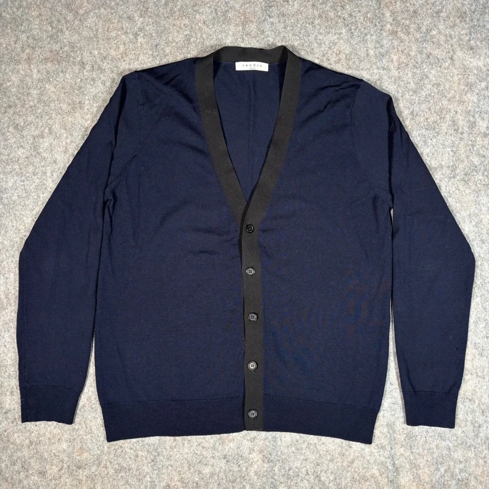 Sandro Paris Merino Wool‎ Cardigan Mens S Navy G0093S DISTRESSED Condition READ